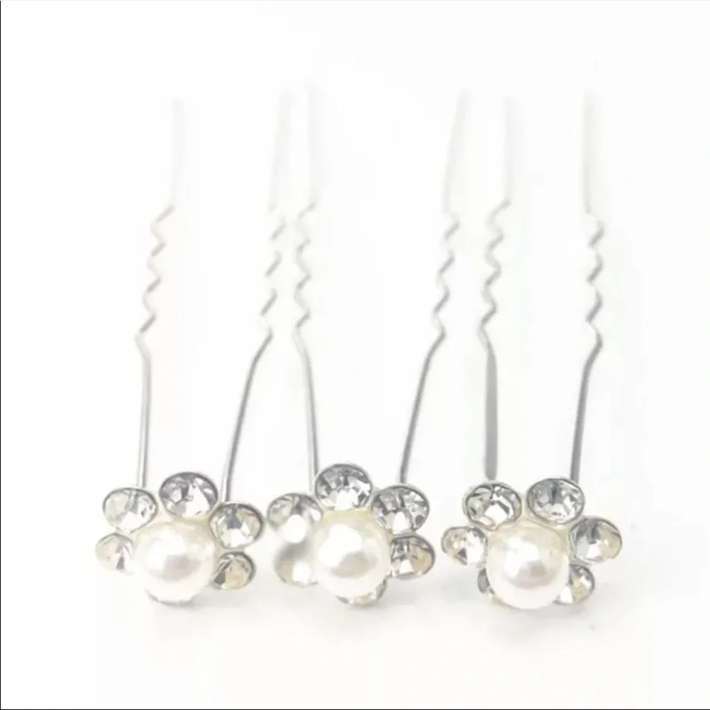 New! Set of Pearl Crystal Flower Bridal Hair Pins - Picture 3 of 7